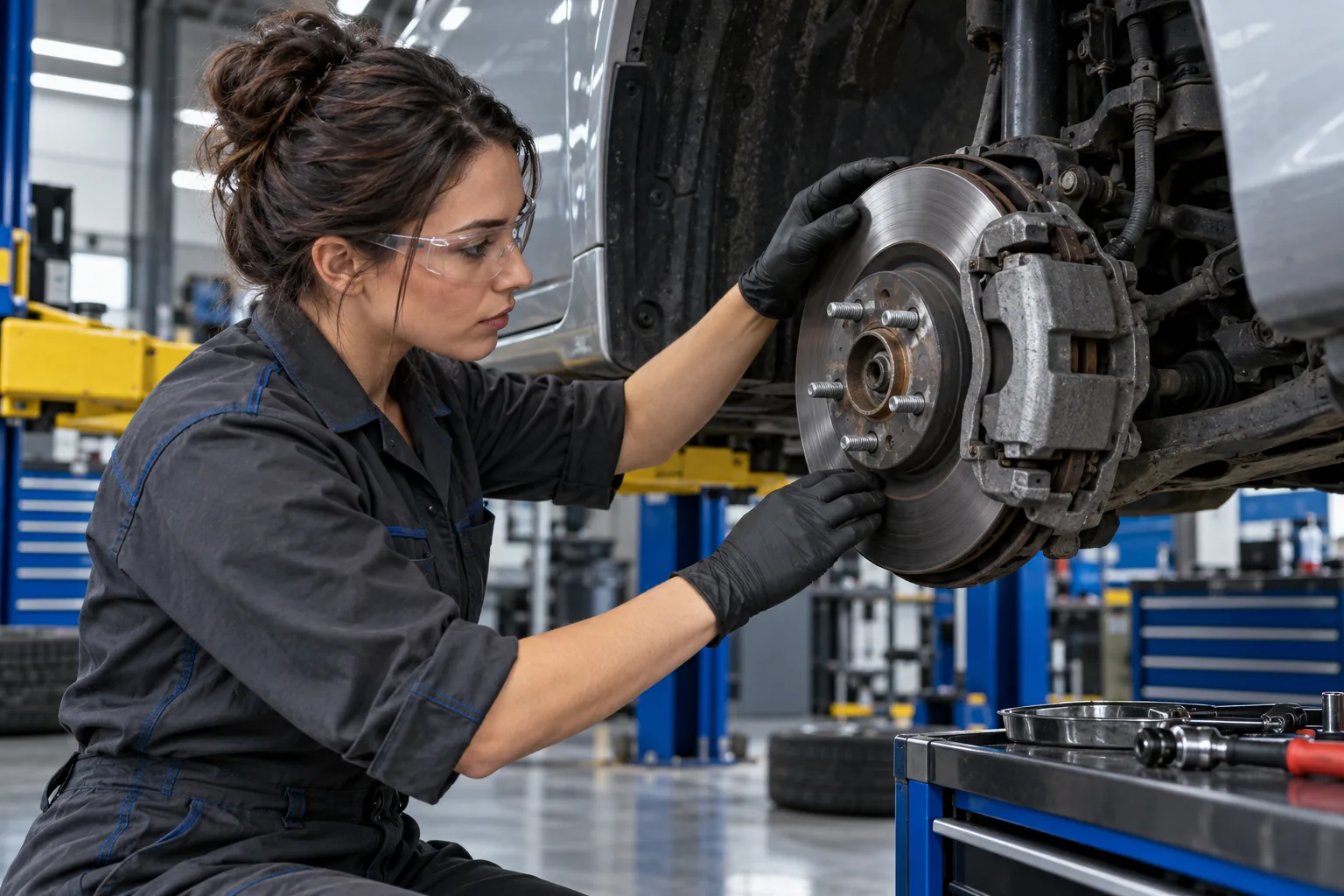 AI-generated illustration of a technician inspecting a vehicle brake rotor