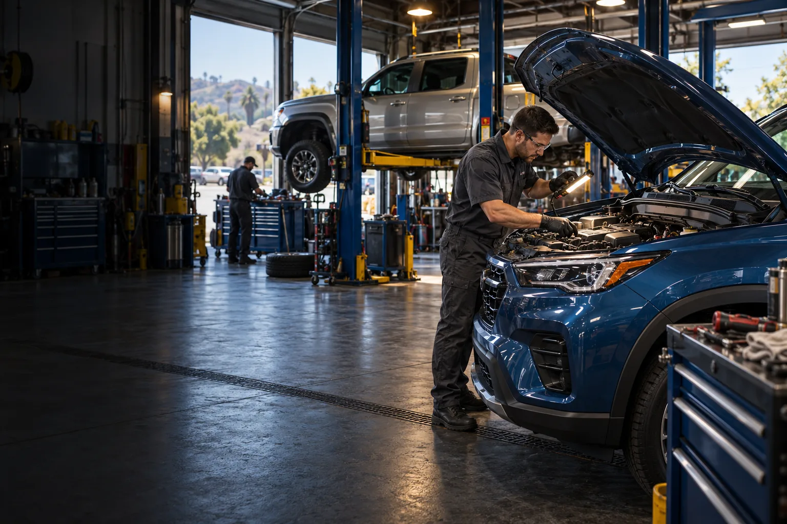 AI-generated illustration of mechanics working on vehicles in a professional repair shop